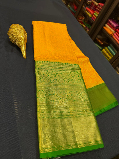 Kanchipuram Pure Silk Saree Yellow & Green Kanjivaram Sari| SPK087