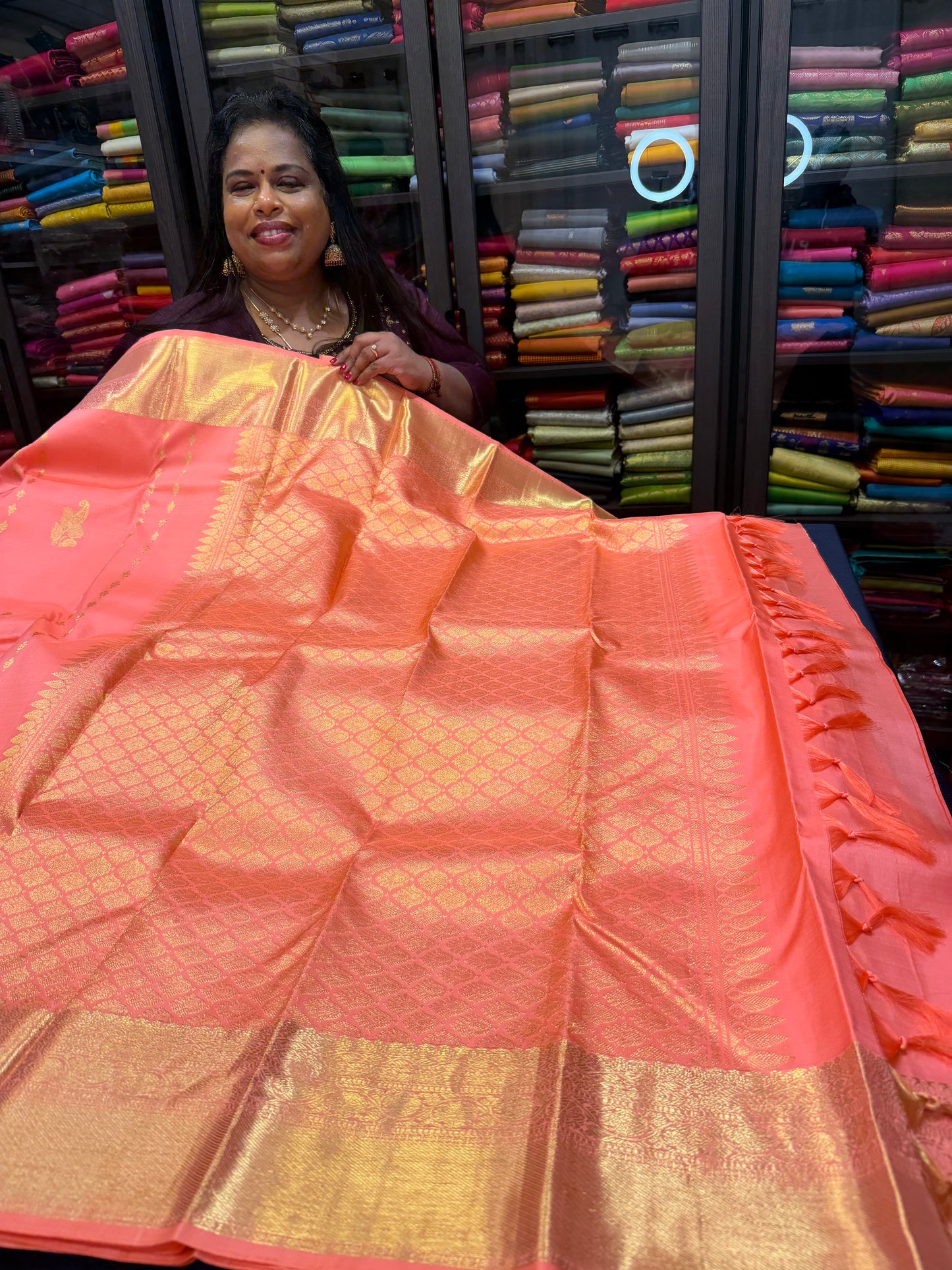 Kanchipuram Pure Silk handloom Saree Indian Kanjivaram Peach Sari SPK364