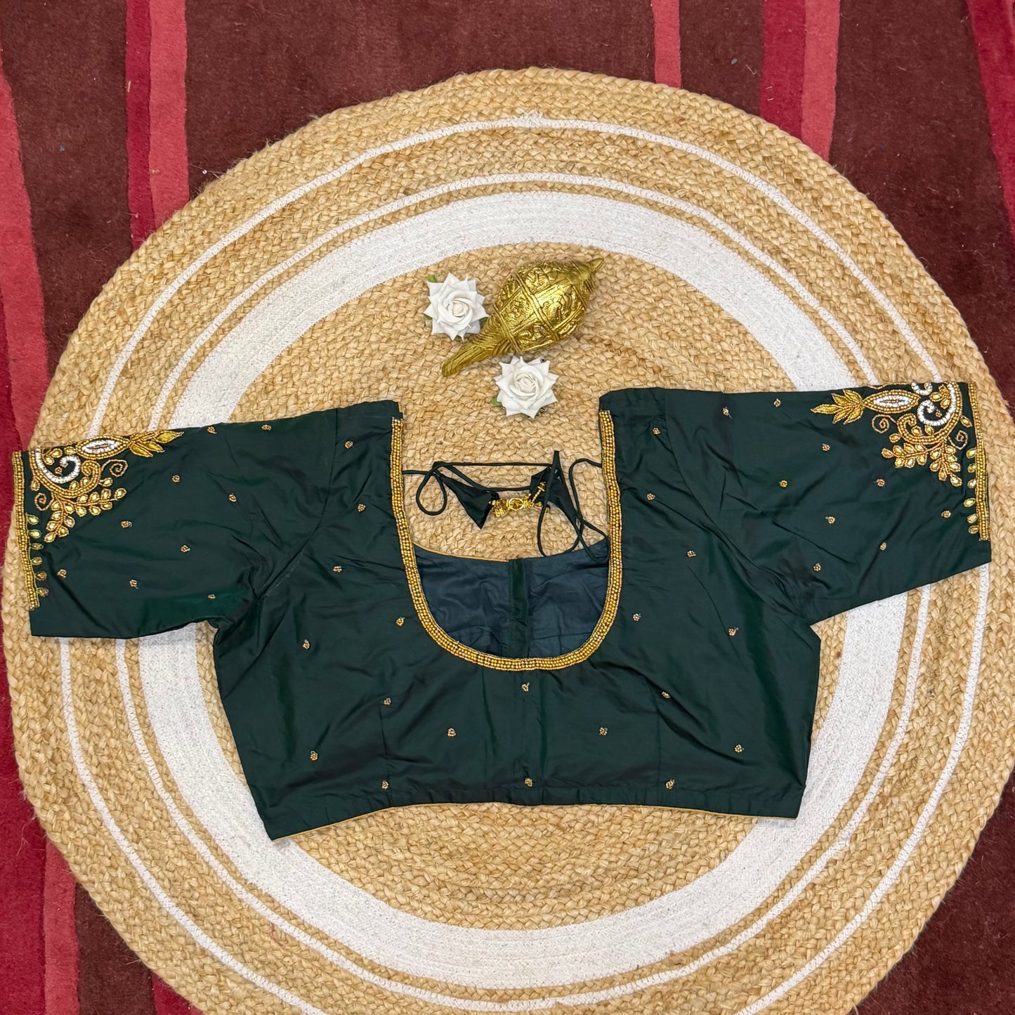 46” Size 16 Aari Worked Sari Blouse Indian Saree Top Silk Dark Green B227