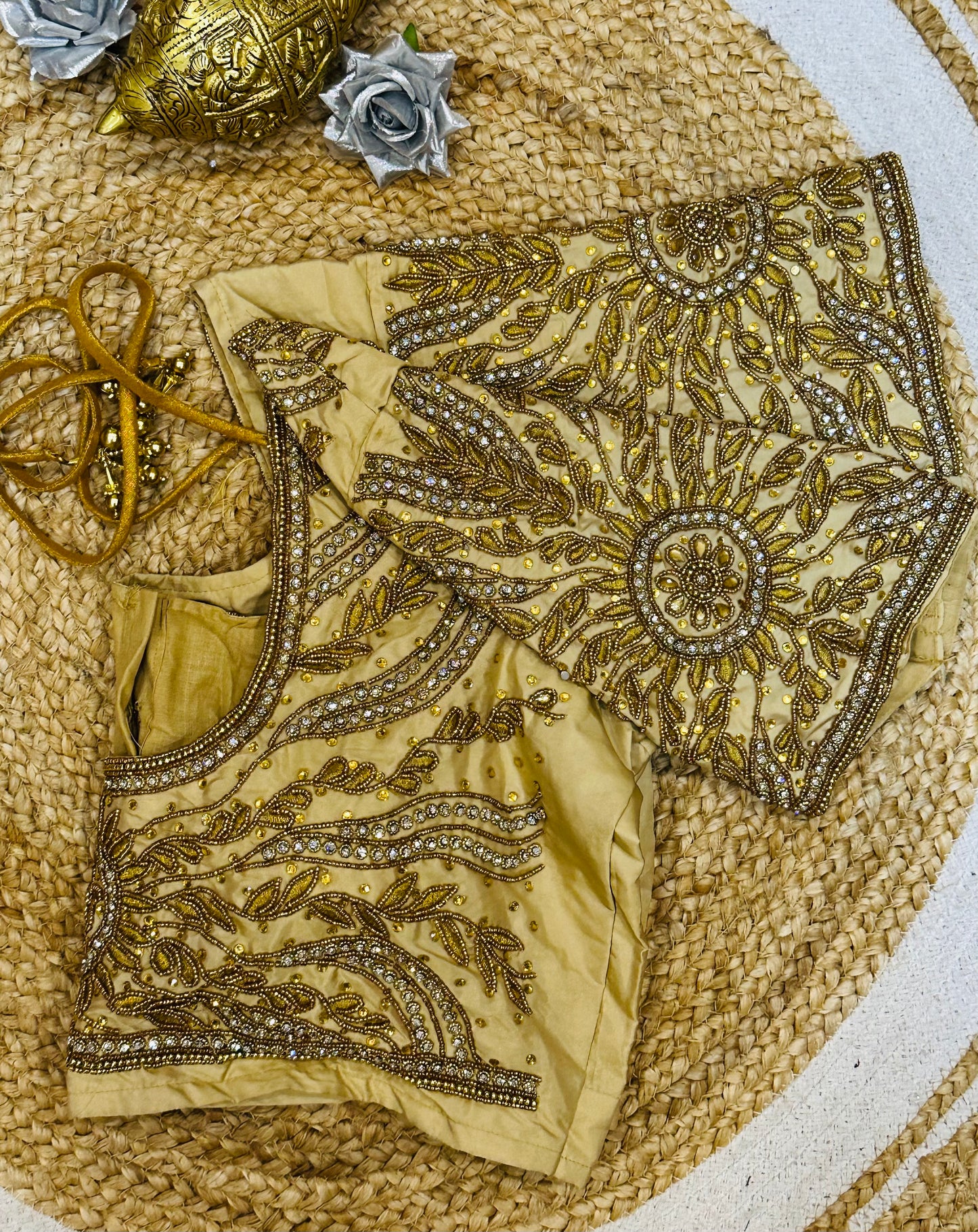 44” Size 14 Aari Worked Sari Blouse Indian Saree Top Silk Creamy Gold B135