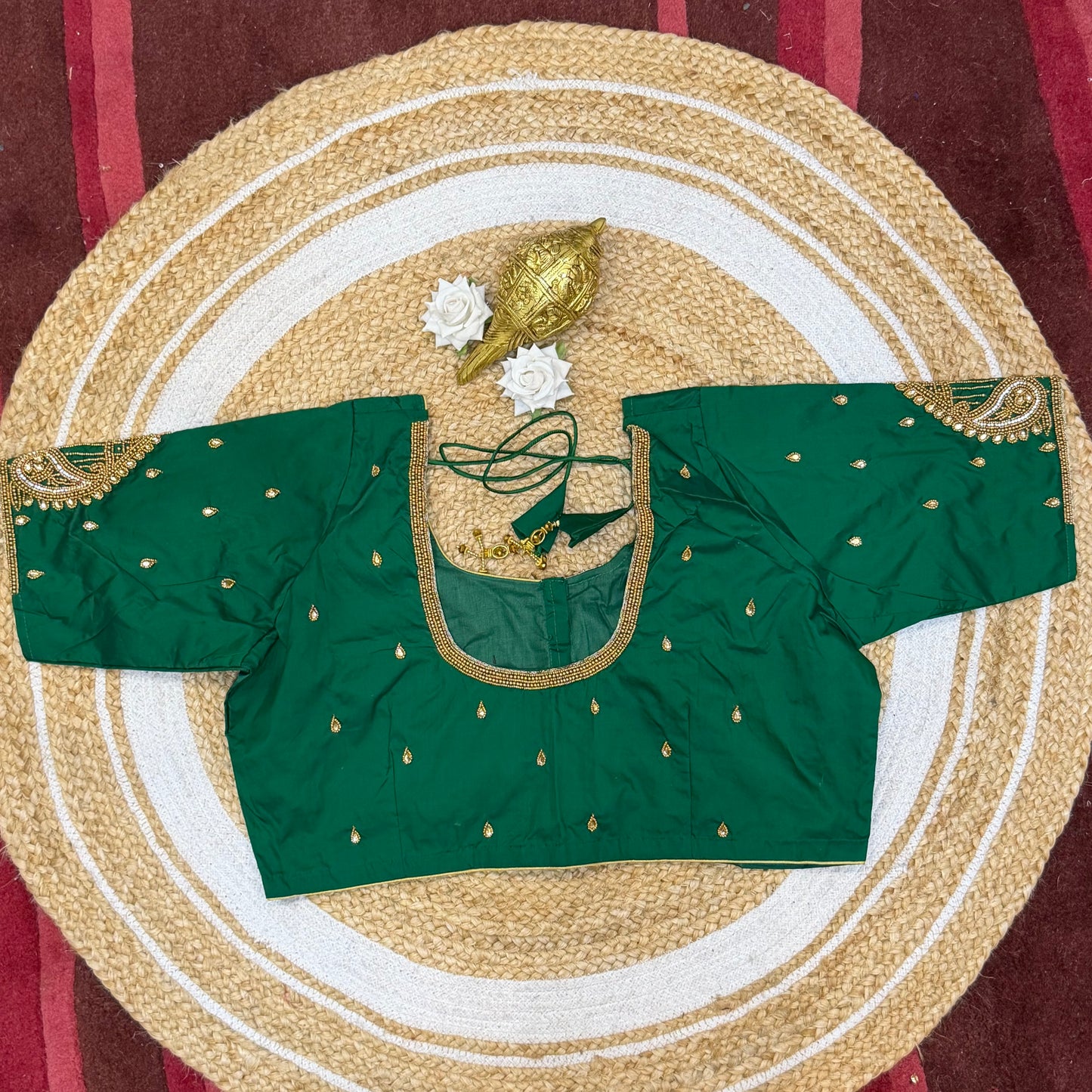 46” Size 16 Aari Worked Sari Blouse Indian Saree Top Silk Bottle Green B226