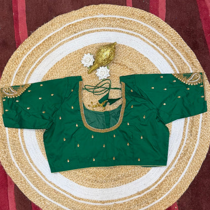 46” Size 16 Aari Worked Sari Blouse Indian Saree Top Silk Bottle Green B226