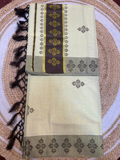 Green Kerala Vishu Sari Indian Cream Tissue Saree C9 - Col 2