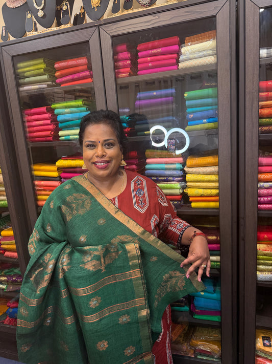 Silk Cotton Linen Sari Indian Saree Copper Jari Green S131