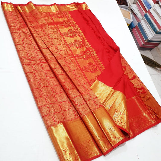Bridal Kanchipuram Pure Silk Saree Red Gold Kanjivaram Sari| SPK190