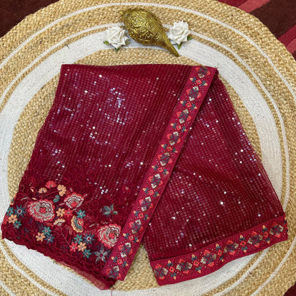 Sequins Net Sari Indian Fancy Saree Pink V1