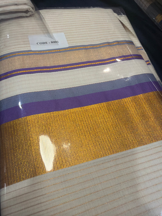 Purple Grey Kerala Vishu Sari Indian hand Printed Kasavu Onam Saree C21 Col 6