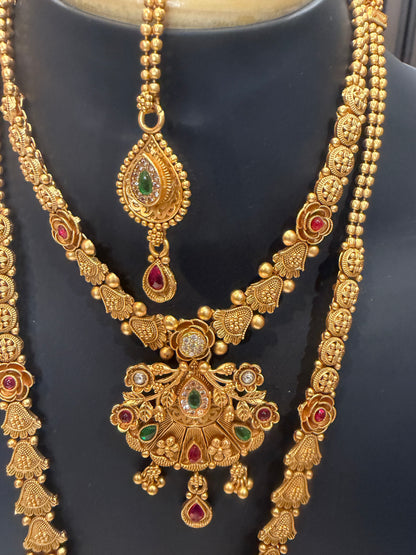 Rajwadi Polished Brass Indian Bridal Necklace set N4