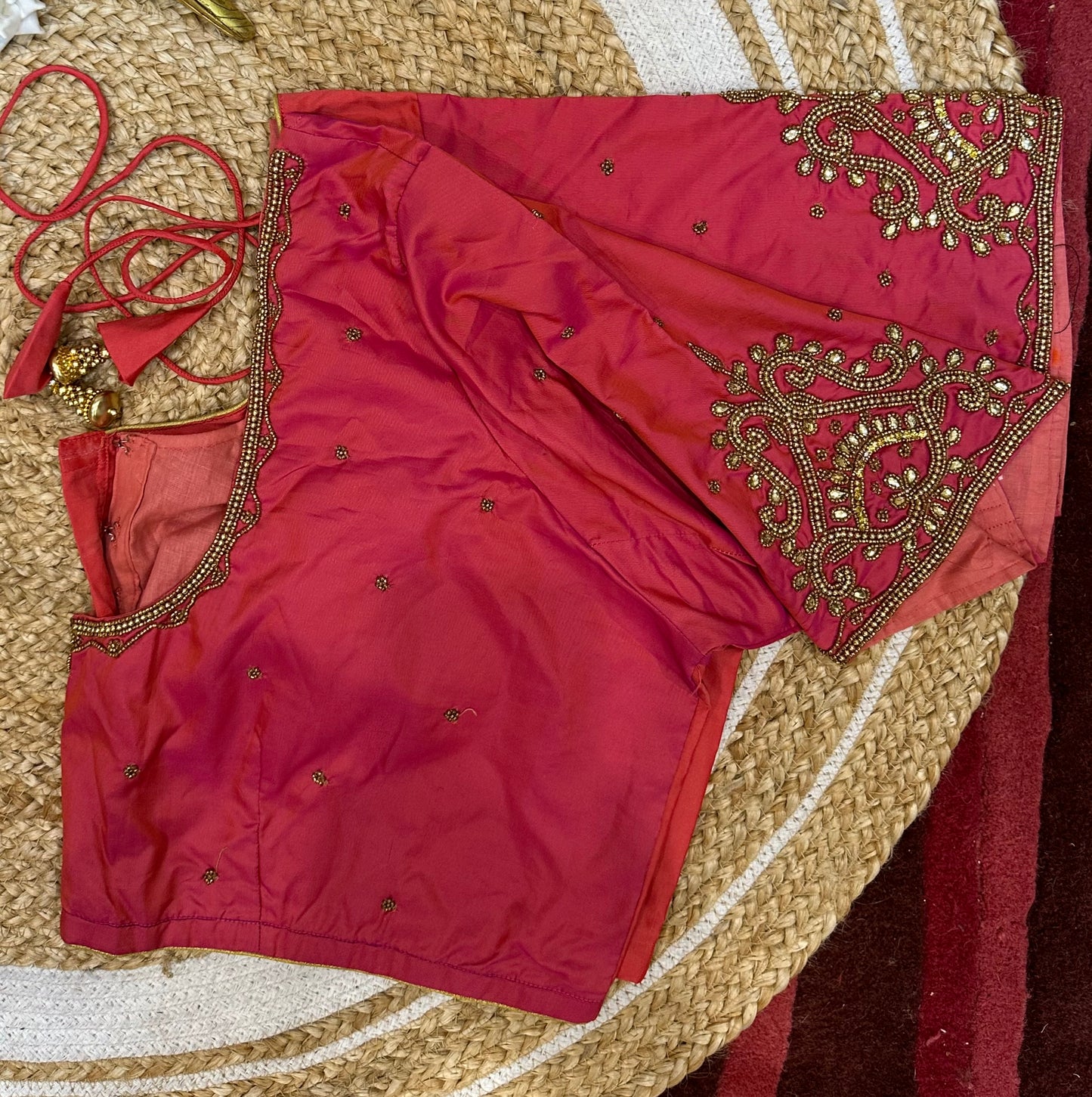 52” Size 22 Aari Worked Sari Blouse Indian Saree Top Silk Watermelon B53