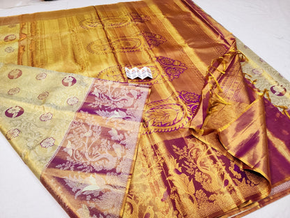 Kanchipuram Pure Silk Saree Bridal Cream Kanjivaram Sari SPK246