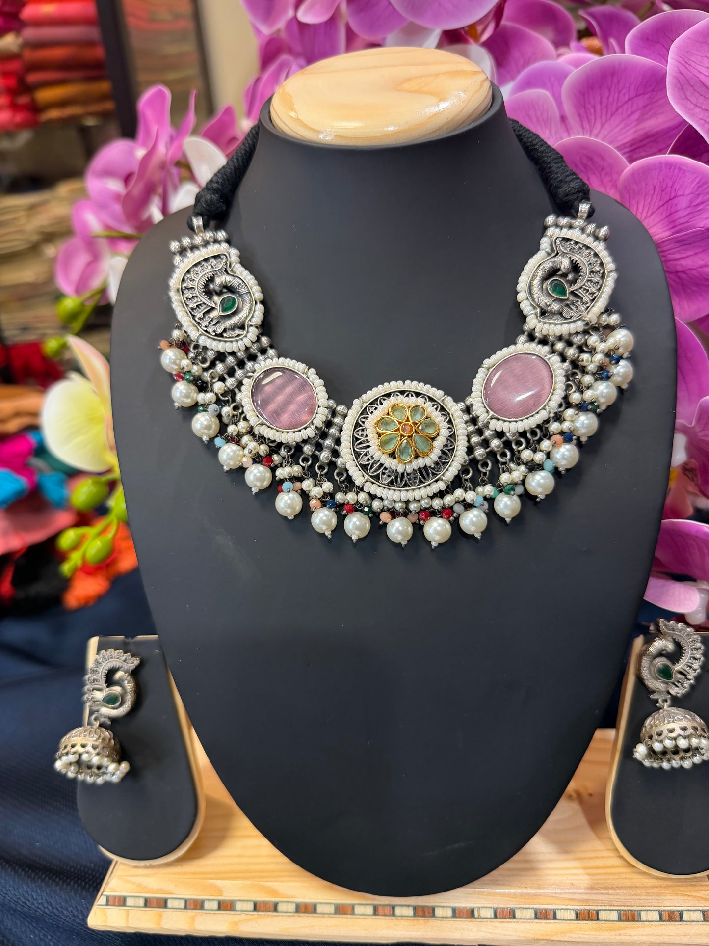 Handmade Brass Necklace with Silver polish Indian Tribal Pink Jewellery N91