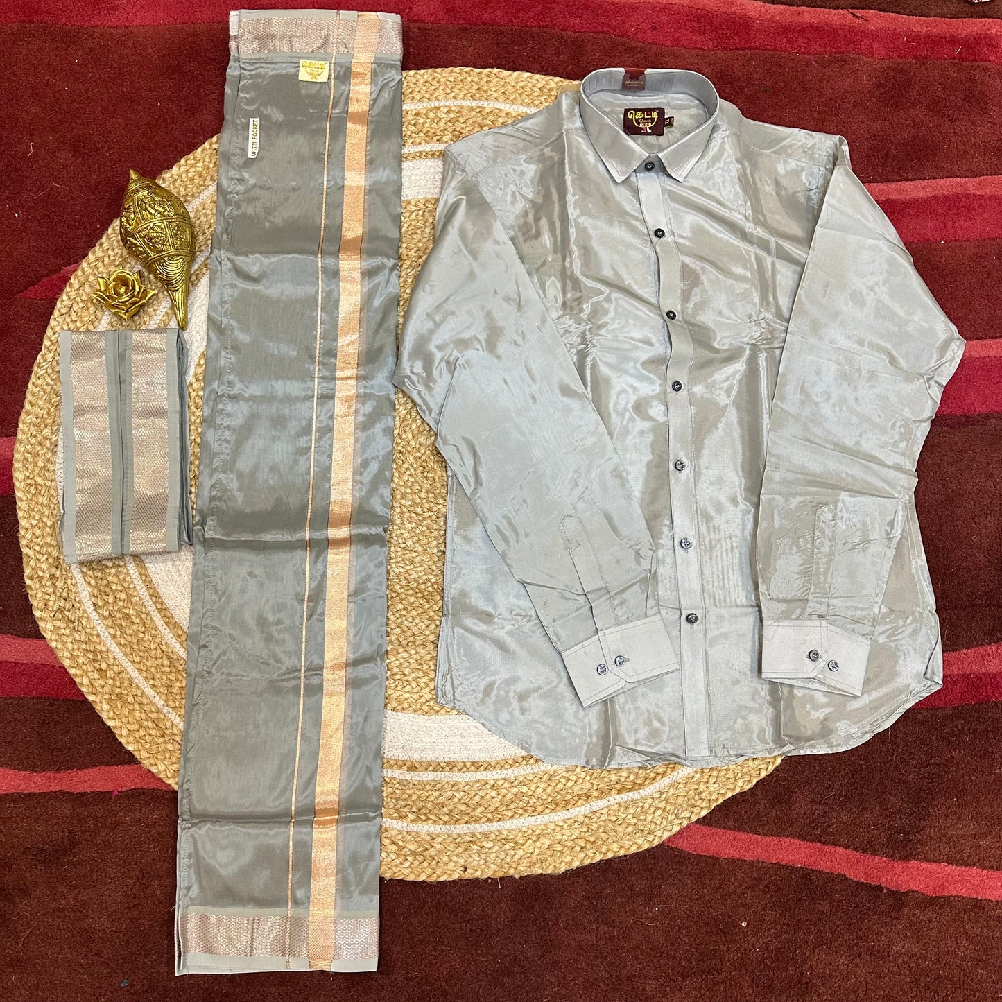 Silver Grey Men’s South Indian Vesti Shirt Combo Silk vetti Dhotti V16