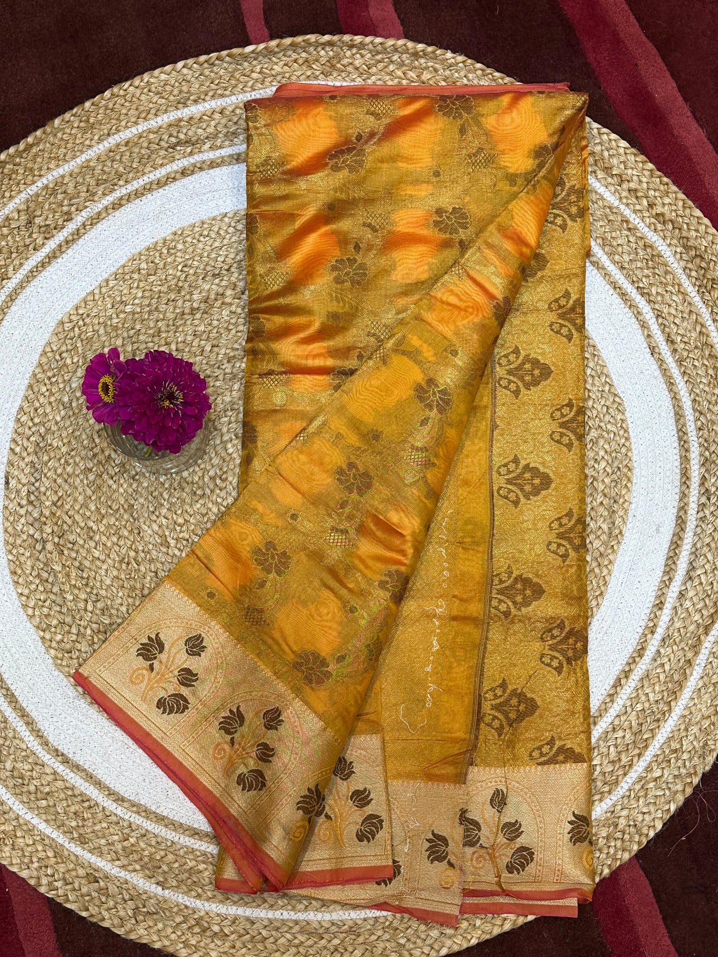 Yellow Orange thread work Sari Indian Saree S75