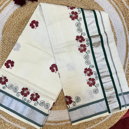 Red Kerala Vishu Sari Indian hand Printed Kasavu Onam Saree C19