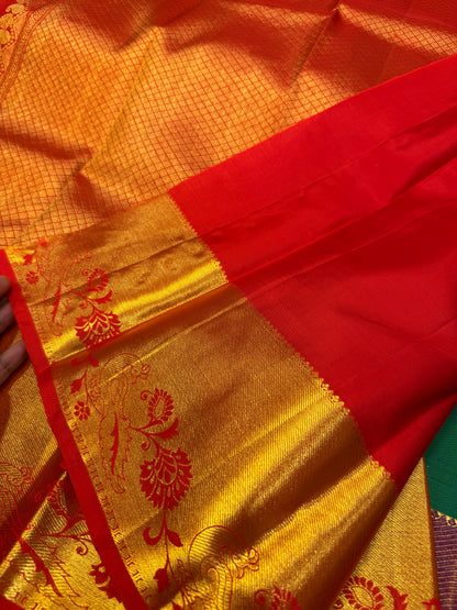 Kanchipuram Pure Silk handloom Saree Indian Kanjivaram Green Red Sari SPK429