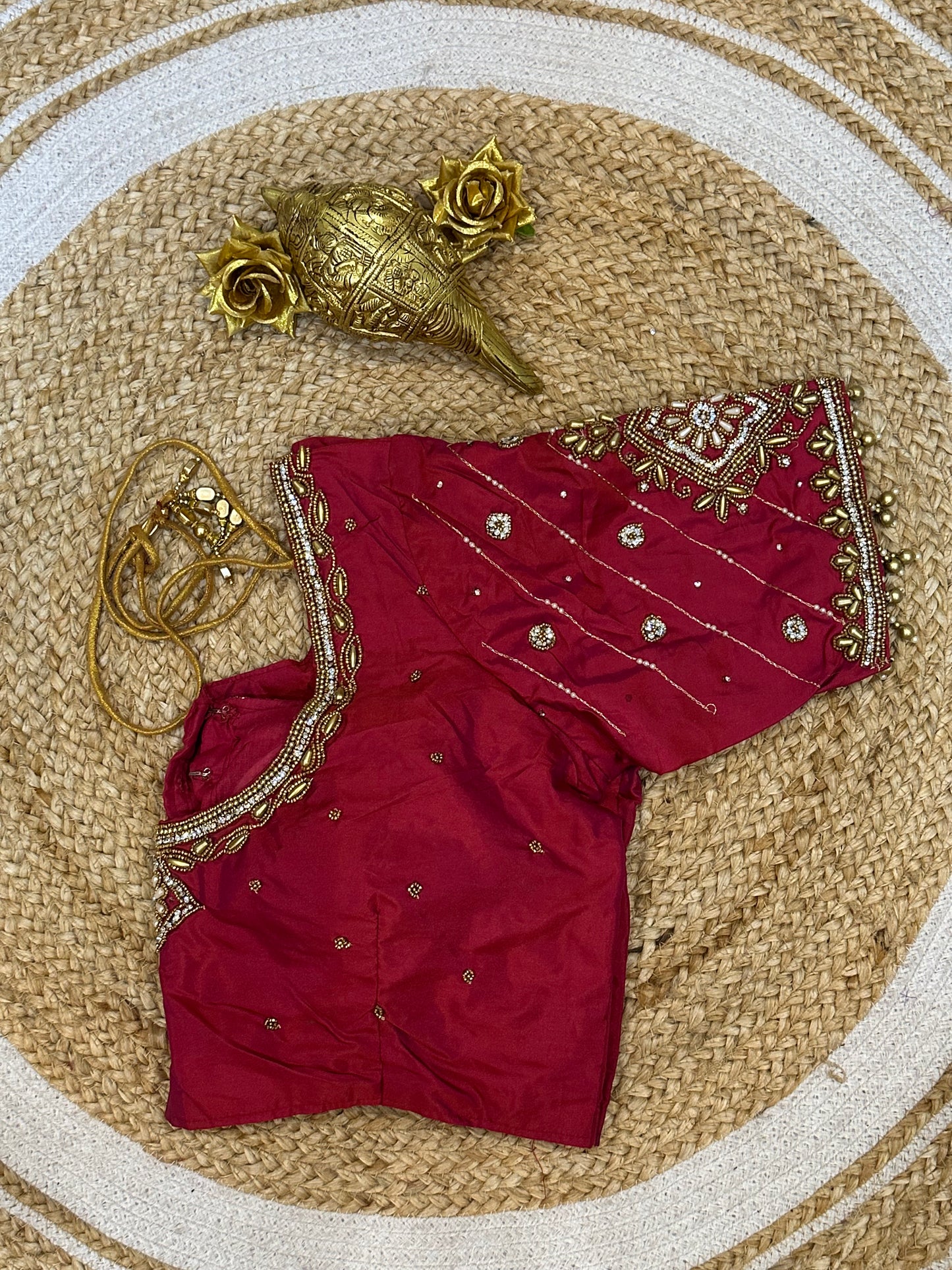 40” Size 10 Aari Worked Sari Blouse Indian Saree Top Silk Pinkish Red B73