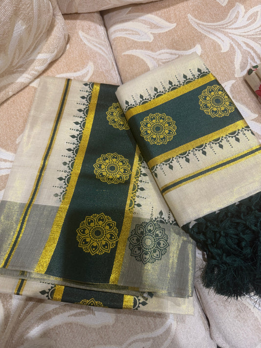 Kerala Green Set Mundu Vishu Sari Indian hand Printed Kasavu Onam Saree C52