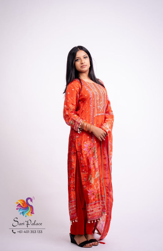 Orange Floral Indian Pakistani Outfit Salwar Kameez Kurti Suit EID SS41