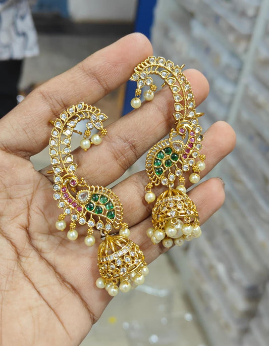 Brass Indian Jewellery Cuff Earrings Chandbali Jumka with Kemp stones E8