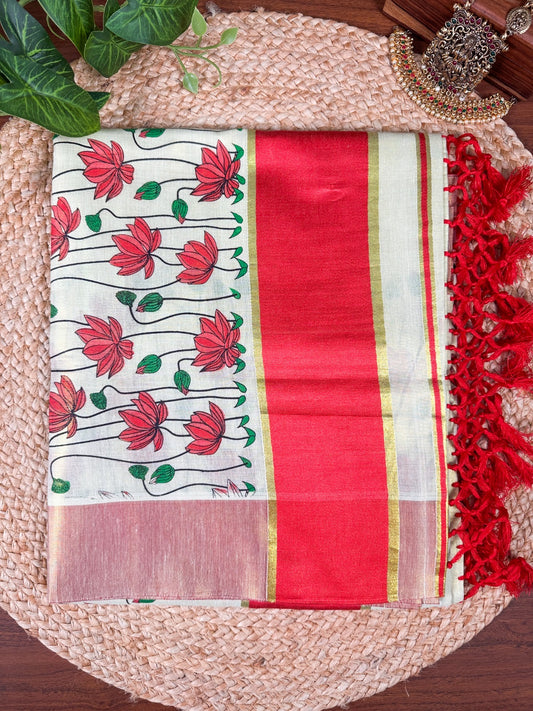 Purple Lotus Kerala Vishu Sari Indian Onam Tissue hand Painted Saree C10