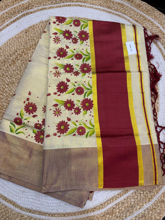 Maroon Kerala Vishu Sari Indian Cream Tissue hand Printed Onam Saree C16