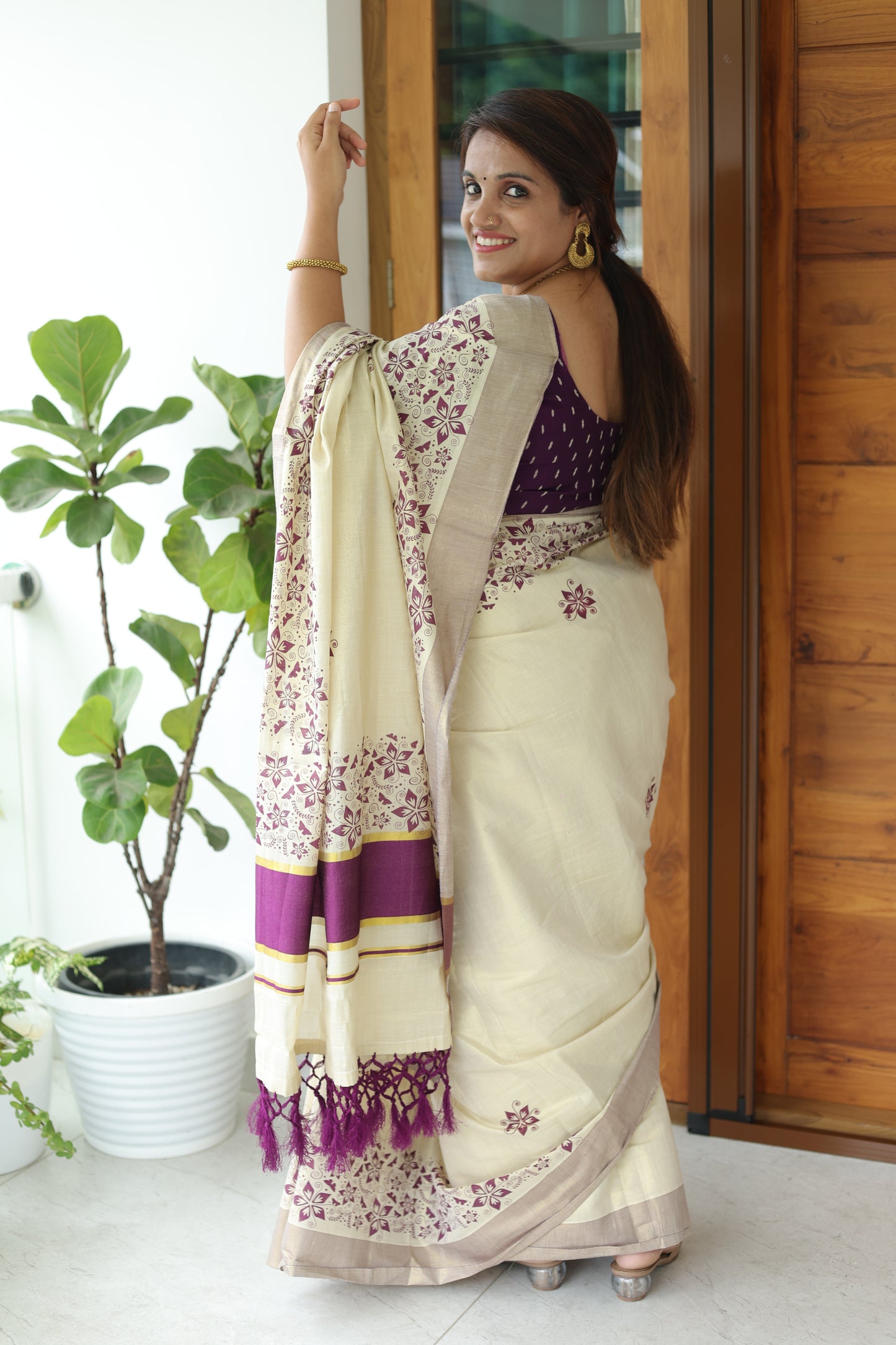 Maroon Kerala Vishu Sari Indian Premium Cream Saree C7