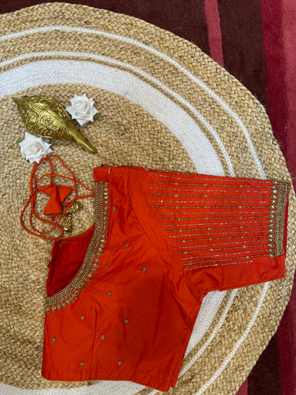 50” Size 20 Aari Worked Sari Blouse Indian Saree Top Silk Orange B55