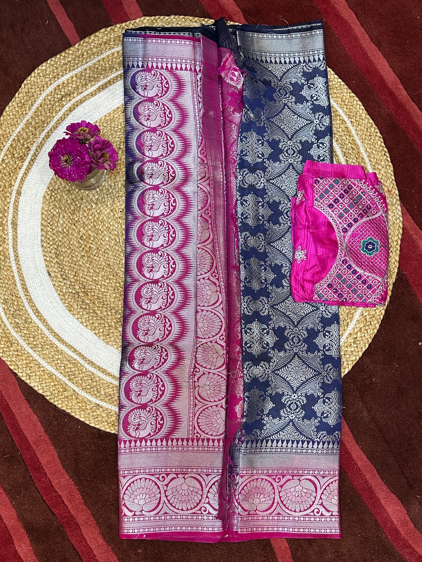Bangalore Silk Sari Indian Fancy Saree Blue & Pink S68