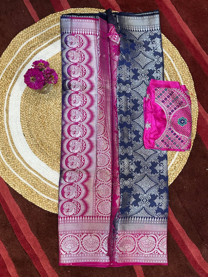 Bangalore Silk Sari Indian Fancy Saree Blue & Pink S68