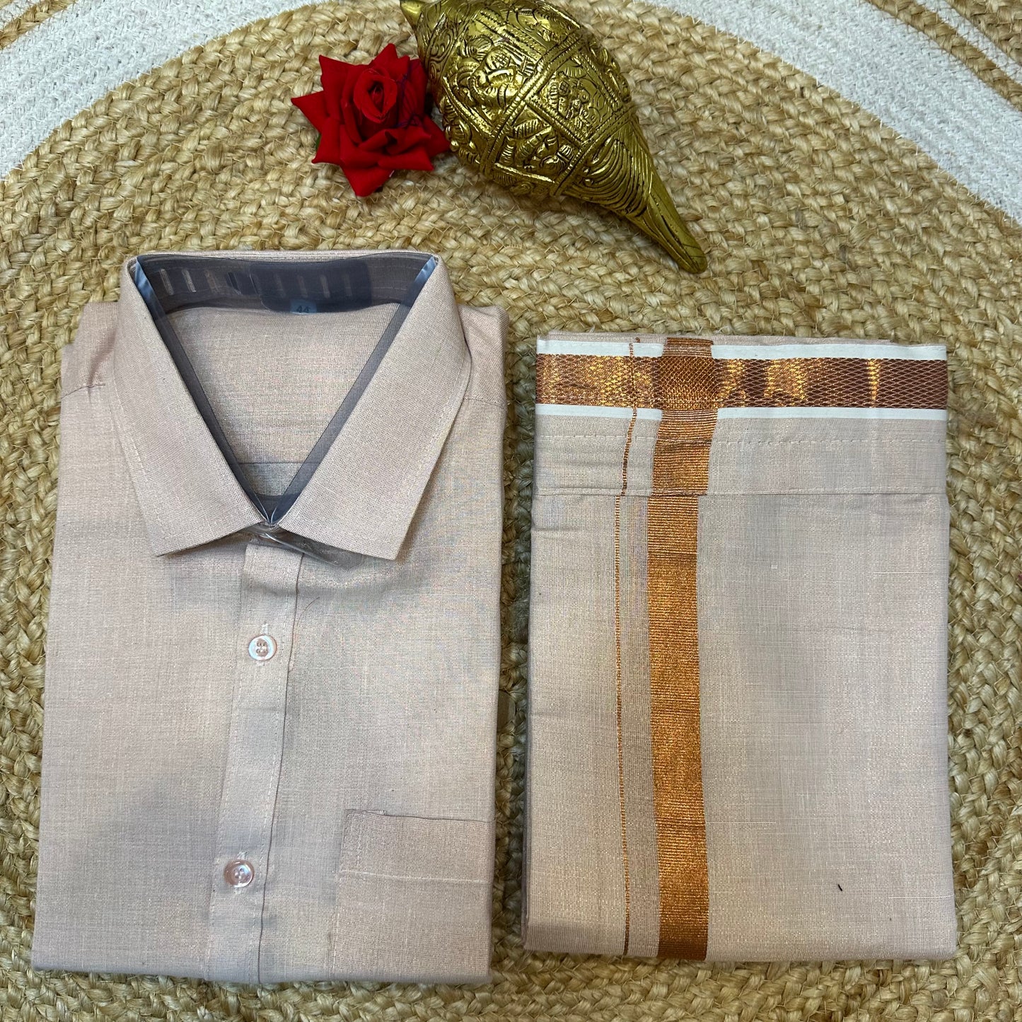 Men’s South Indian Vesti Shirt Combo Rose Gold Copper Tissue Dhotti V11