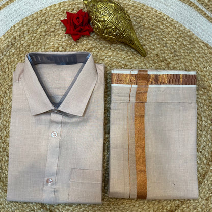 Men’s South Indian Vesti Shirt Combo Rose Gold Copper Tissue Dhotti V11