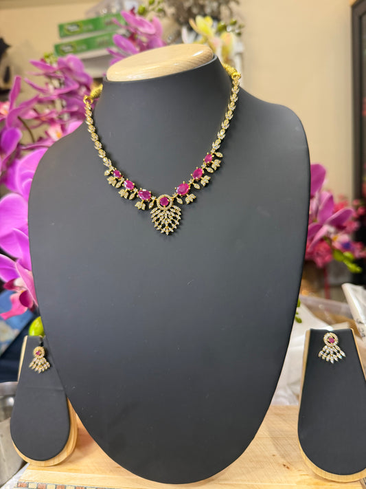 Indian Brass Necklace & Earrings Jewellery Set Pink N66