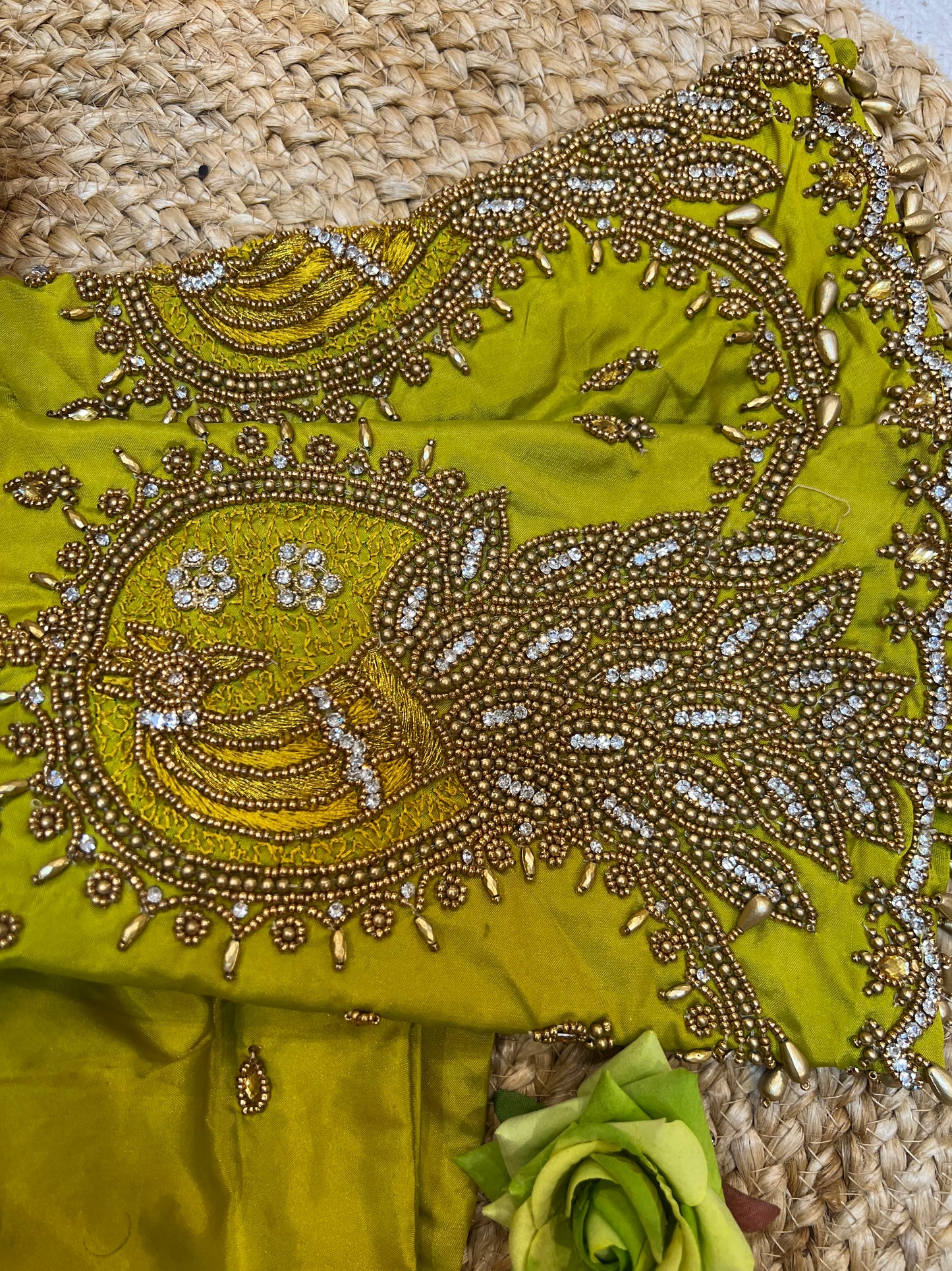40” Aari hand Worked Sari Blouse Indian Top Choli Silk Lime Green B13