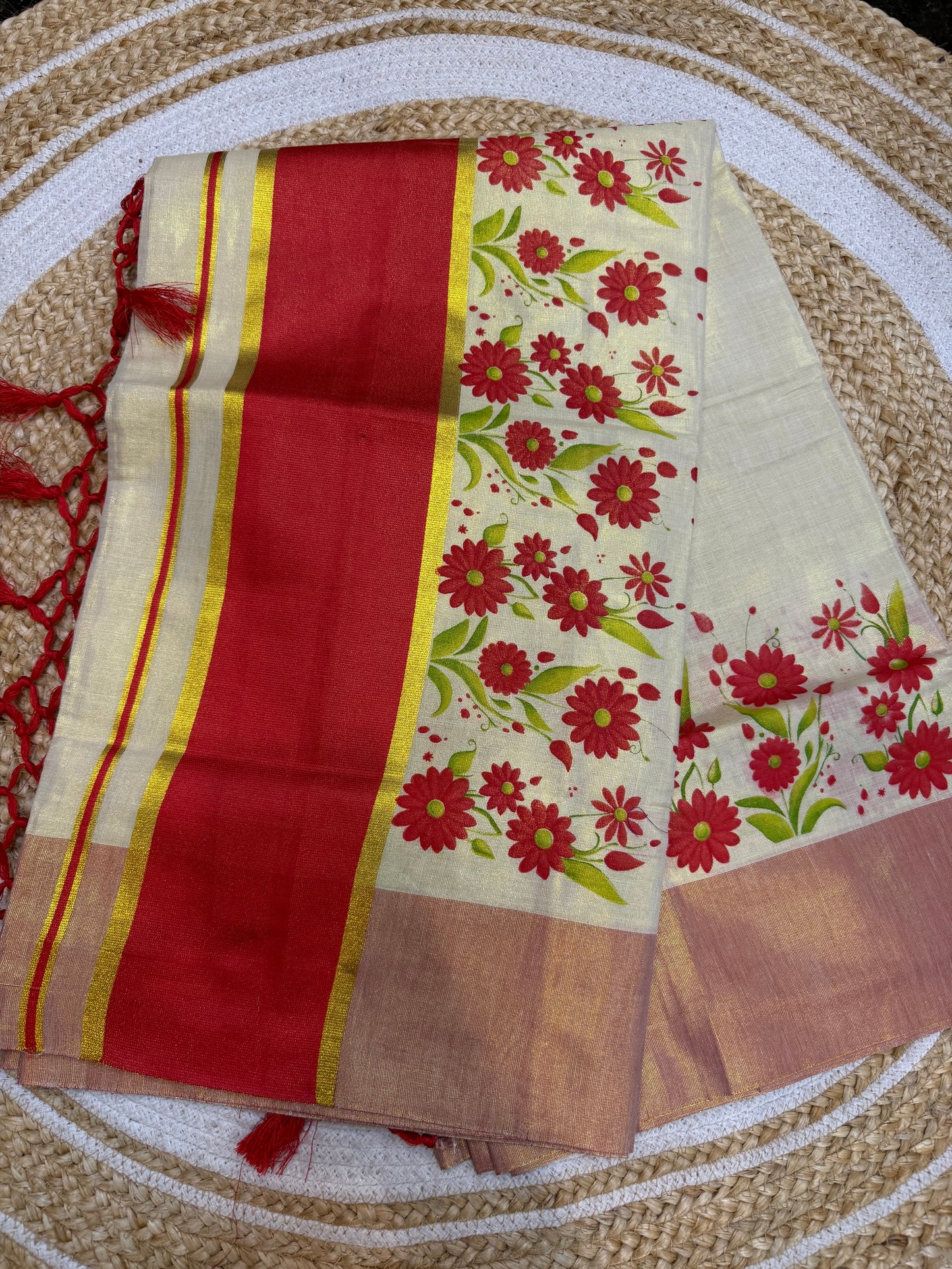 Orange Kerala Vishu Sari Indian Cream Tissue hand Printed Onam Saree C16