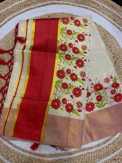 Orange Kerala Vishu Sari Indian Cream Tissue hand Printed Onam Saree C16