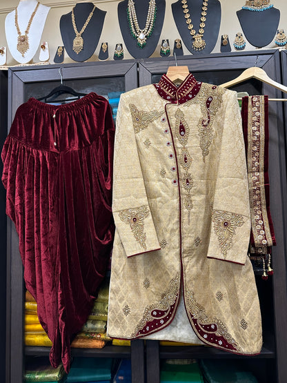 38” Medium size Men’s Kurta Indian Gold & Maroon Sherwani Bollywood outfit M12