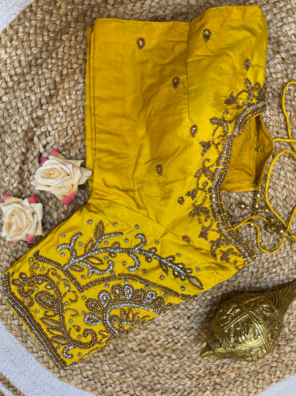 40” Aari hand Worked Sari Blouse Indian Top Choli Silk Yellow B24