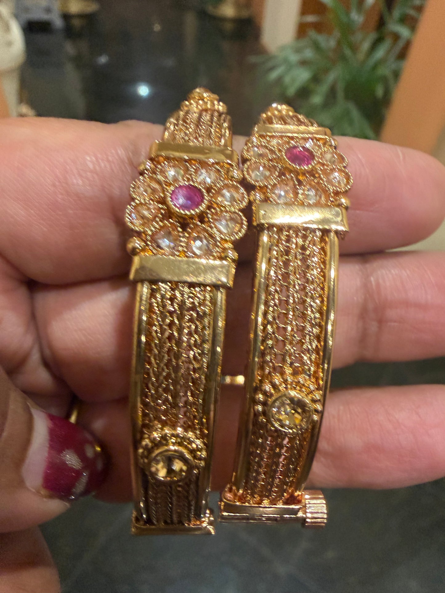 Indian Brass screw Bangles Set Ruby Pink Stones Antique Bracelets B9