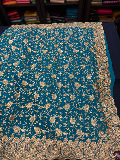 Blue Fancy Party wear Georgette Sari Indian Pearl Saree S44