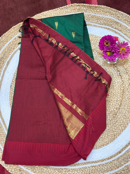 Kalyani Silk Cotton Sari Indian Saree Green Maroon S4
