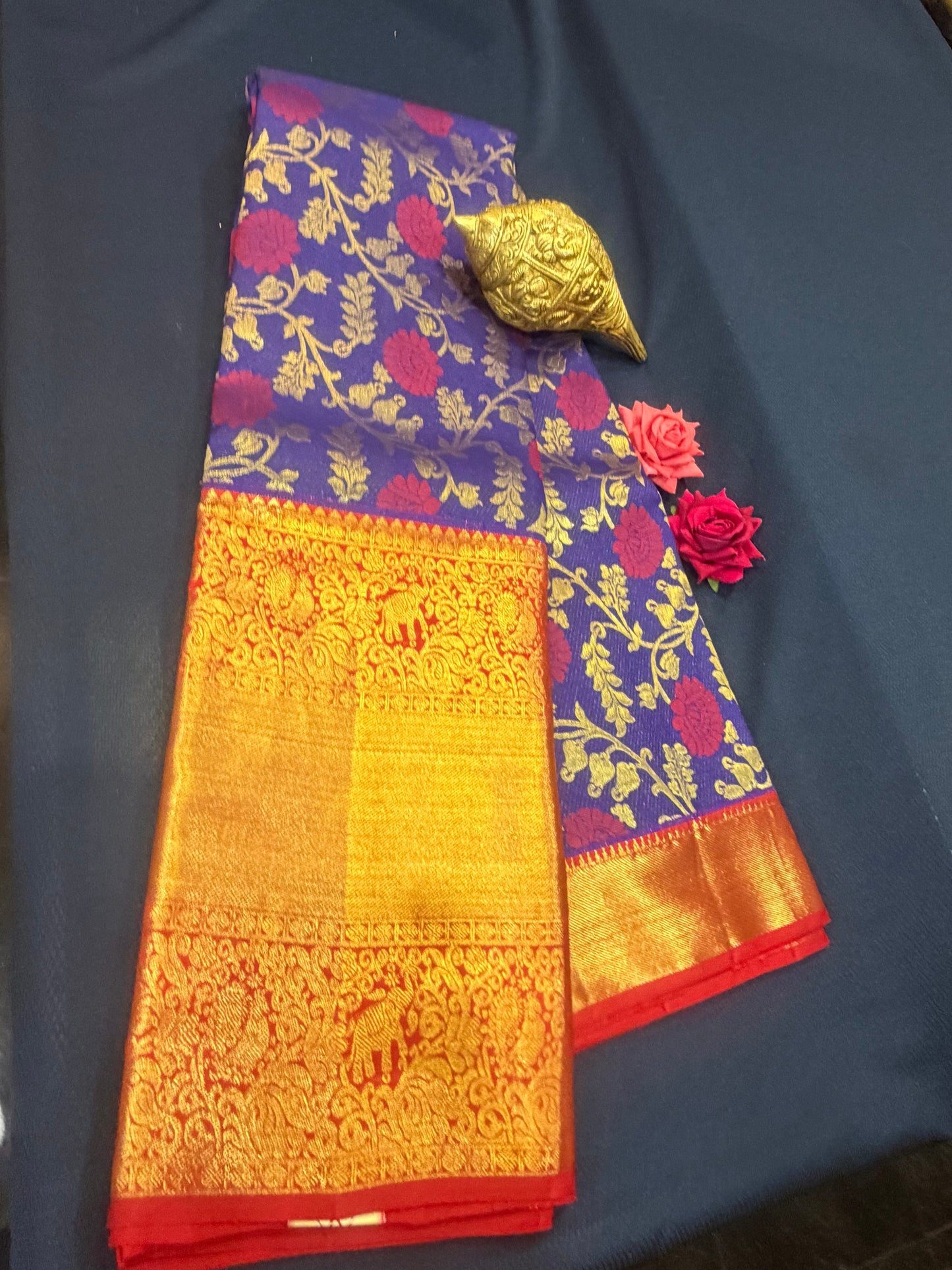 Floral Kanchipuram Pure Silk Saree Purple Bridal Kanjivaram Sari| SPK094