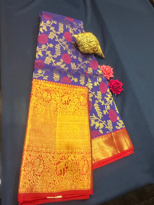 Floral Kanchipuram Pure Silk Saree Purple Bridal Kanjivaram Sari| SPK094