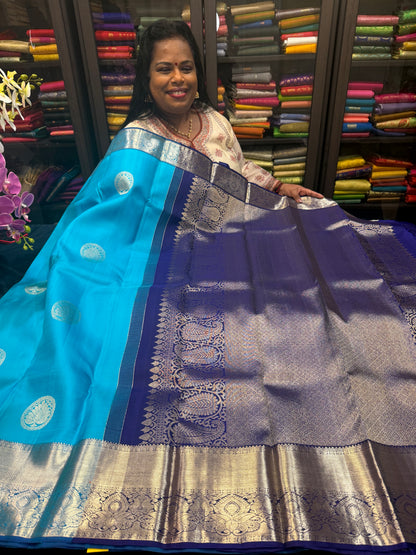 Kanchipuram Pure Silk handloom Saree Indian Kanjivaram Blue Sari SPK359
