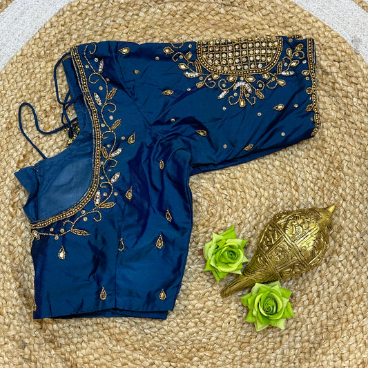 38” M Size 8 Aari Worked Sari Blouse Indian Saree Blue B307