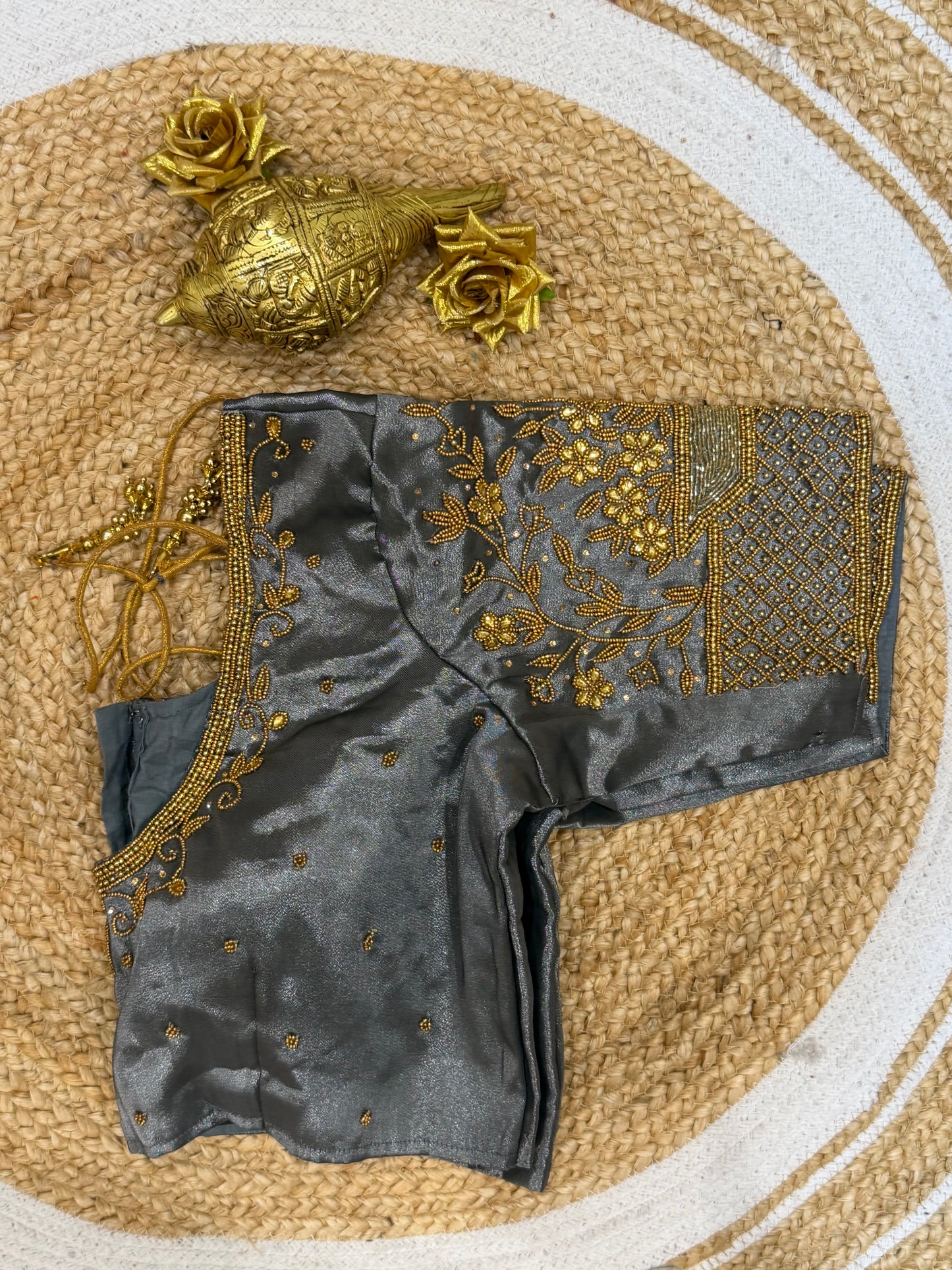 42” XL Size 12 size Aari Worked Sari Blouse Indian Saree Top Metallic Grey B152