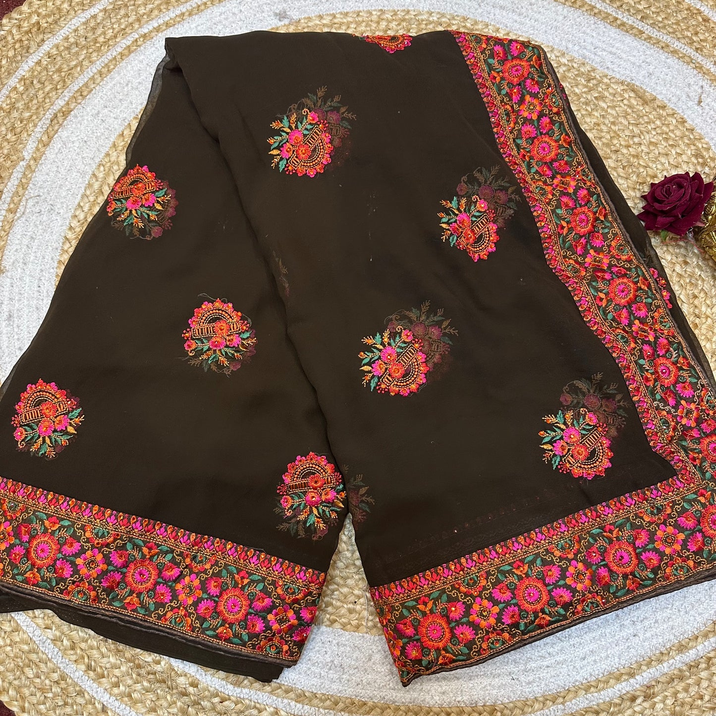 Georgette Sari Indian Fancy Party wear Saree Dark Brown SAR2