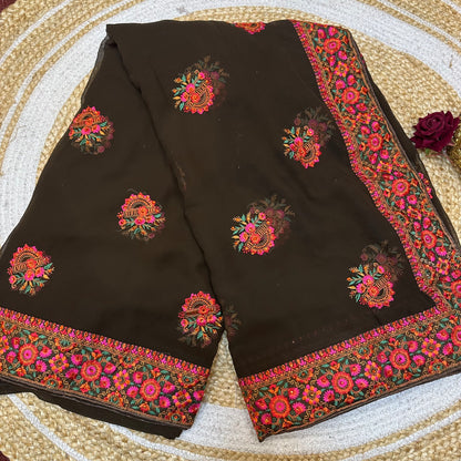 Georgette Sari Indian Fancy Party wear Saree Dark Brown SAR2