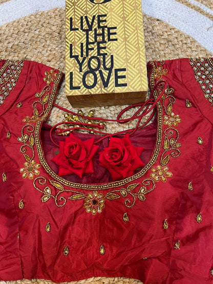 40” Bridal Aari hand Worked Sari Blouse Indian Top Choli Silk Red B40