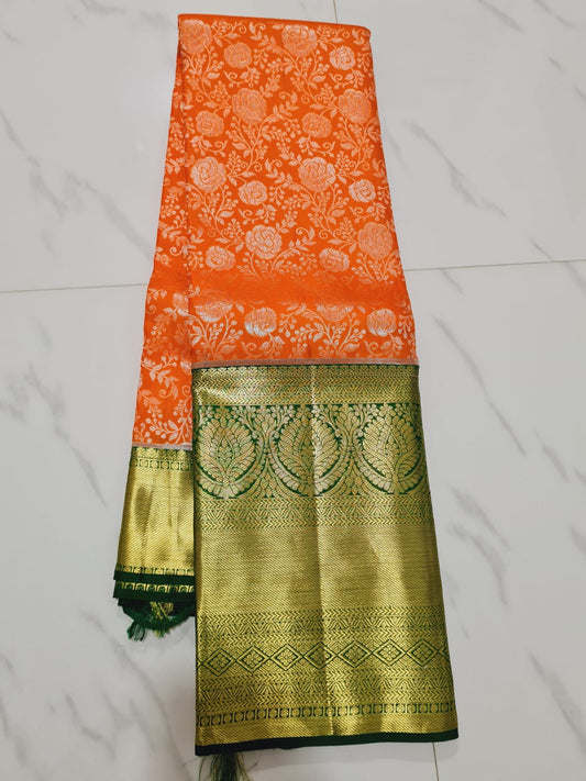 Kanchipuram Pure Silk Saree with Gold Zari Orange & Green Sari| SPK103