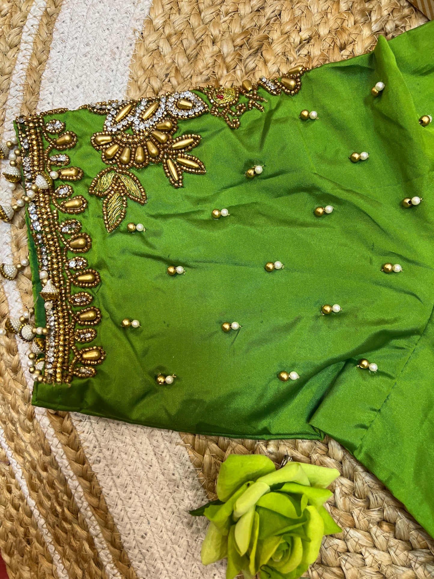 40” Aari hand Worked Sari Blouse Indian Top Choli Silk Green B44